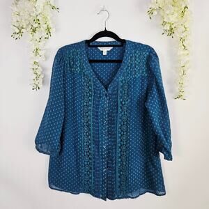 Krazy Kat Blouse Blue Swiss Dot Lace Button Up Large Boho Sheer Cottage Fairy